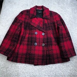 Talbots Tweed Jacket Pea Coat Red Black Buffalo Checked Plaid. Wool Blend. 14